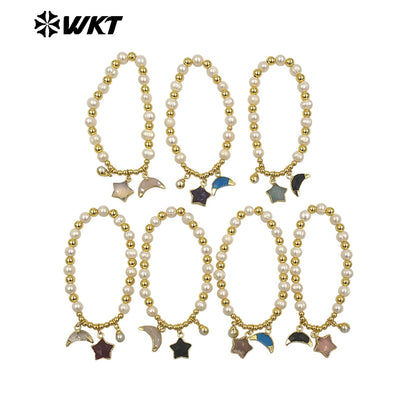 MPB127 High Quality Lovely Pearl Bracelet With Moon and Star Stone Charms Gold Electroplated for Ladies Jewelry Accessories
