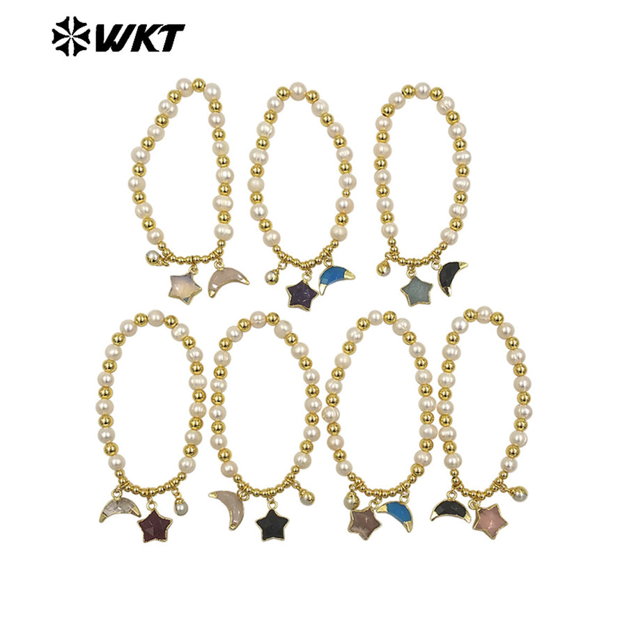 MPB127 High Quality Lovely Pearl Bracelet With Moon and Star Stone Charms Gold Electroplated for Ladies Jewelry Accessories
