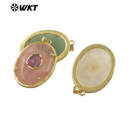 WT-P2066 Newest Gold Electroplated Colorful Natural Gemstones With Zircon Round Pendants As Handmade Necklace Findings