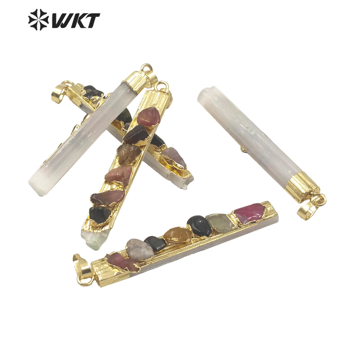 WT-P1560 Amazing Charming rainbow Tourmaline Stick Selenite Stone Necklace Slim Long White Selenite Charm Stone Necklace