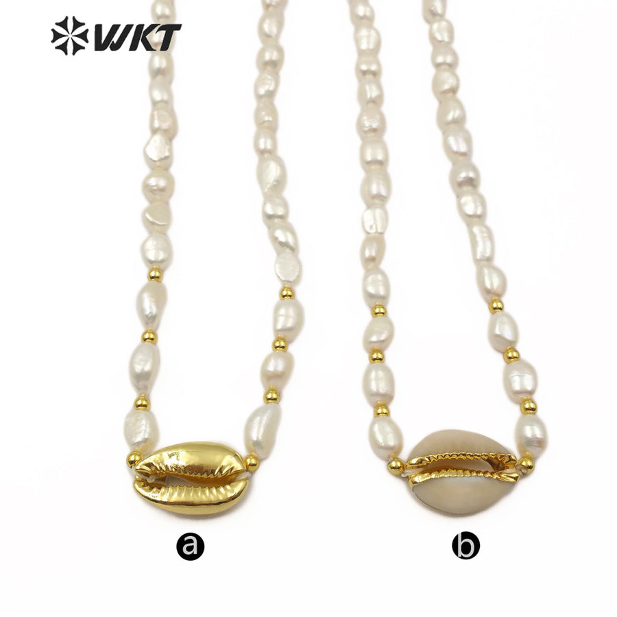 WT-JN089 Natural Cowrie & Pearl Necklace Full Gold or White Gold Cowrie Pendant Necklace in 16Inch Long Pearl Necklace Jewelry