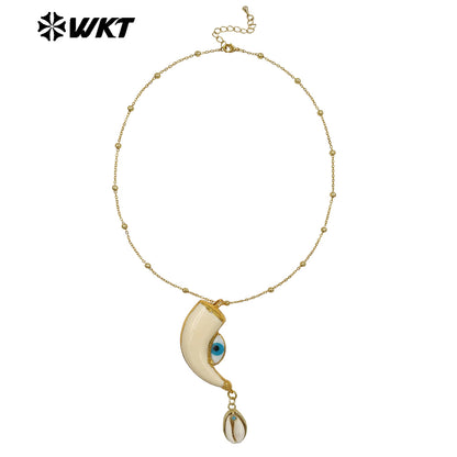 WT-JN355 Amazing Artistic Gold Plated Beads Chain With Double Natural Shell Charms Necklace For Women Unique Halloween Gifts