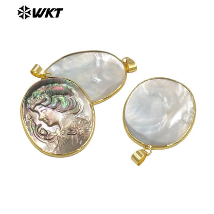 WT-JP426 High Quality Natural Shell Gold Plated Hand Carved Lady Head Pattern Pendant Women Vintage Style Accessories