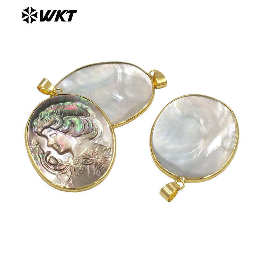 WT-JP426 High Quality Natural Shell Gold Plated Hand Carved Lady Head Pattern Pendant Women Vintage Style Accessories