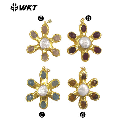 WT-JP473 Popular Fashion Gold Electroplated Natural Stones And Pearl Flower Shape Charm Pendants For Girls Birthday Gift