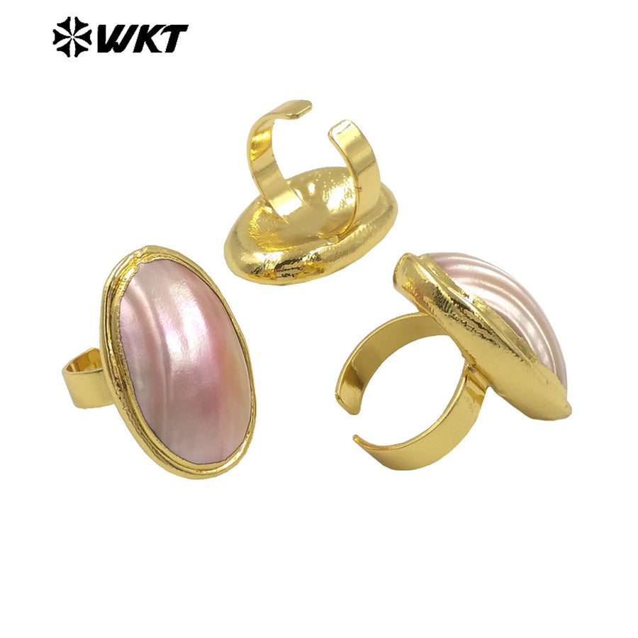 WT-MPR112 New Arrivals High Quality 18K Gold Plated Unisex Oval Adjustable Pink and White Large Mabe Shell Ring As Special Gift