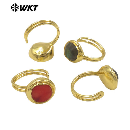 WT-R556 Wholesale 18K Gold Plated Round Red Coral and Black Labradorite Open Size Unisex Ring for Friends As Birthday Gifts