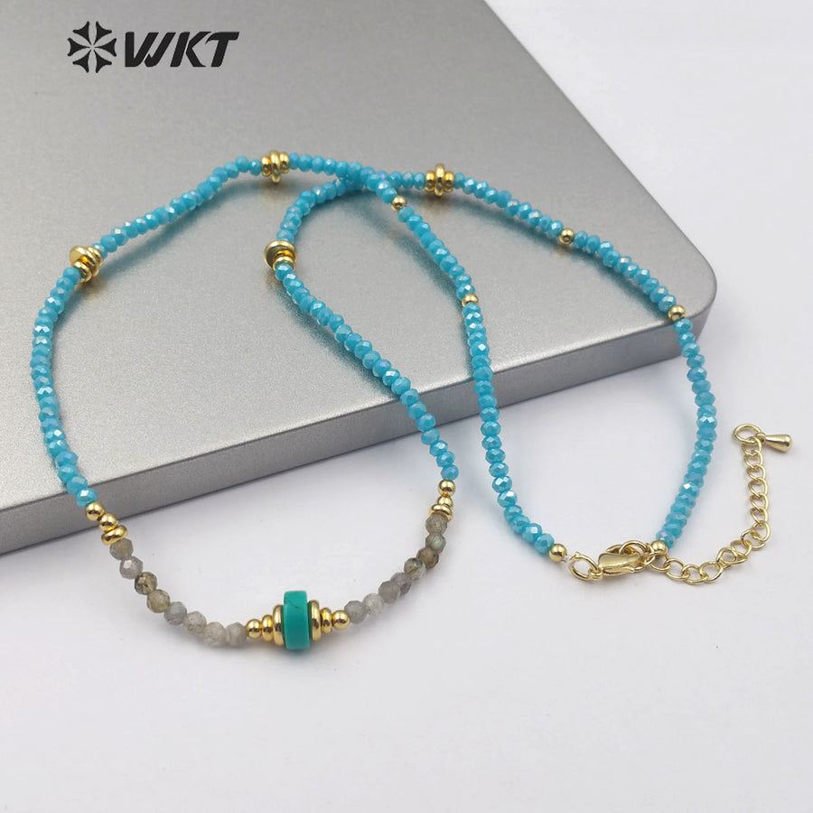 WT-N1199 Wholesale Handmade 3mm Faceted Beads Necklace Natural Amazonite Necklace Women Fashion Charm Crystal Necklace