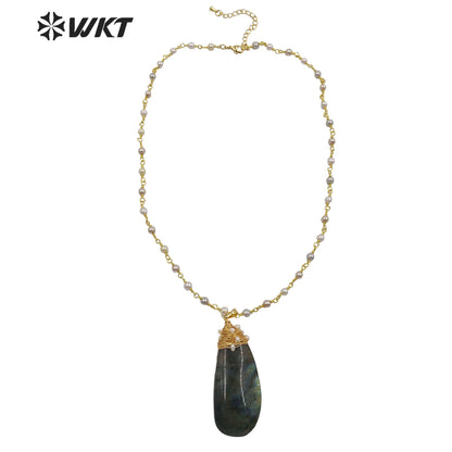 WT-N1216 Wholesale Labradorite Necklace Stone Pendant With Pearl Necklace Fashion Lady Jewelry Natural Labradorite Necklace