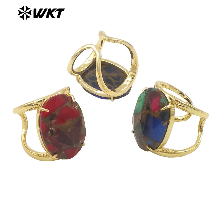 WT-R524 Amazing Rainbow Copper Turquoise 18K Real Gold Plated Resist Tarnishable Women Cocktail Oval Stone Party Ring