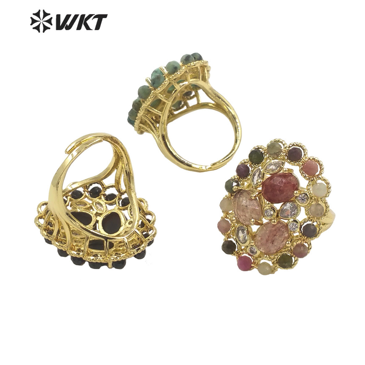 WT-R457 WKT New Design Fashion Gold Bezel Natural Stone by Claw Setting Ring Gorgeous Big Multi Real Stone Women Ring