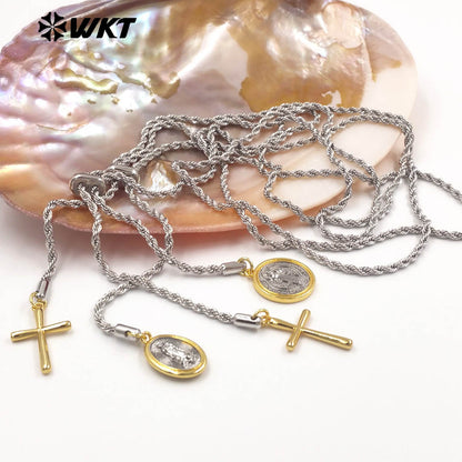 WT-JFN56 Religious Style Silver Chain With Yellow Brass Gold Plated Cross Round Charms Necklace As Ladies Daily Decorations