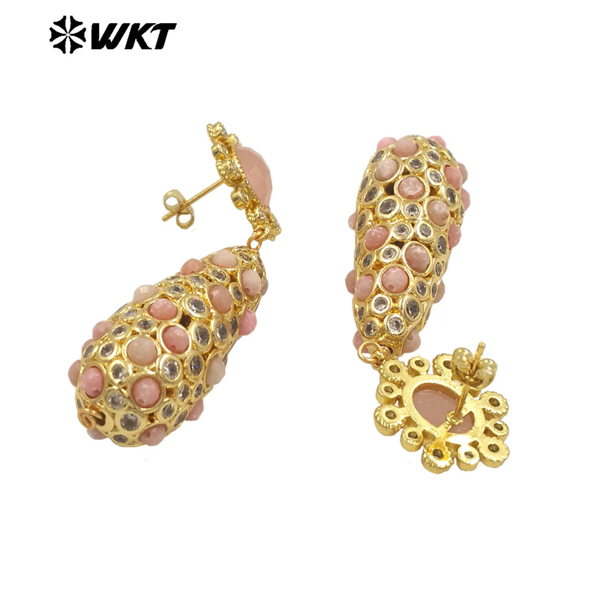 WT-E757 Amazing Popular Fashion Gold Plated Long Dangle Drop With Natural Stond Beads Setting Women Earrings