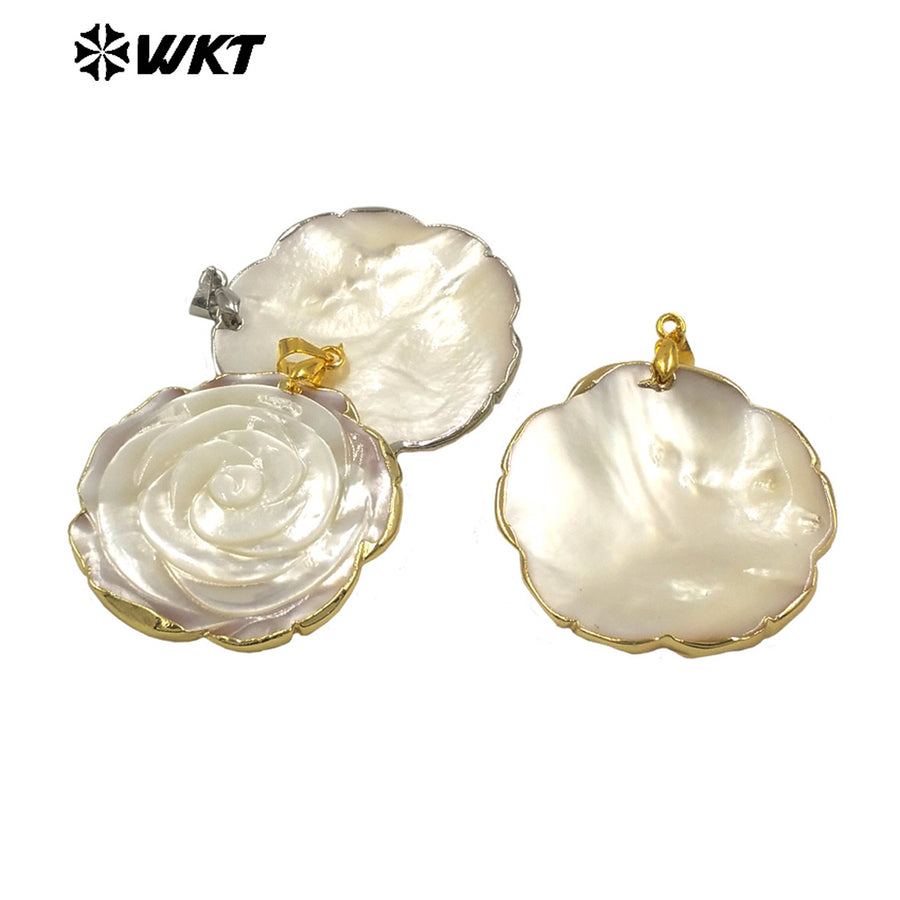 WT-JP404 Luxury Exquisite Rose Flower Shape Pendant Raw Natural Shell Hand Carved Gold Silver Plated Elegant Style Jewelry DIY