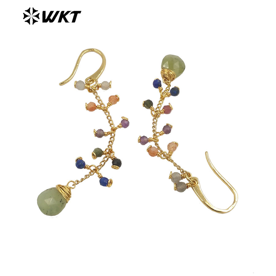 WT-E725 Amazing Colorful Gemstone Wire Wrapped Long Charming Earrings Women Dangle Gold Birthday Stone Earrings in Drop