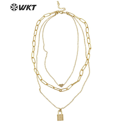 WT-N1304 New Bohemian 18k Real Gold Plated Resist Tarnish Triple Layer Chain Necklace Elegant Trend Gold Metal Choker Necklace