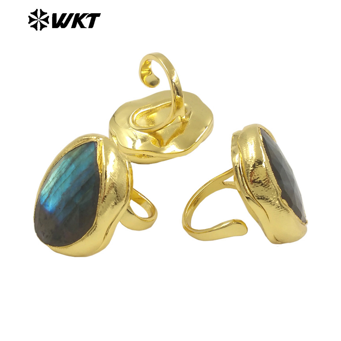 WT-R557 Customized Beautiful 18K Gold Plated Drop Shaped Labradorite Opening Adjustable Daily Decorative Ring for Unisex Jewelry