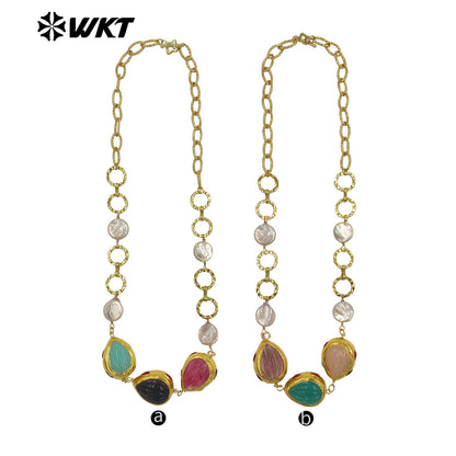 WT-JN372 Exquisite 18K Gold Plated Natural Pearl And Three Colors Glaze Pendants Necklace As Lady Unique Jewelry Accessory