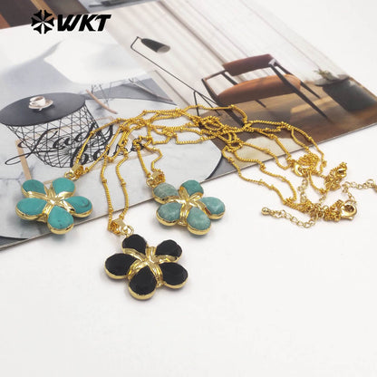 WT-N1497 New Fashion Beads Chain With Gold Plated Natural Gemstone Flowers Shape Pendant Necklace As Lady Birthday Gift
