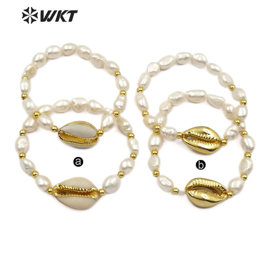 WT-B458 New Fashion Handmade Jewelry Adjustable Bracelets Gold Brass Beads and Pearl and Full or Half Plated Cowrie Bracelets