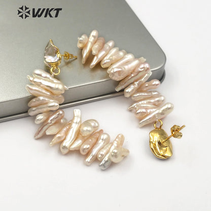 WT-E498 Irregular Shape Pearl Earring Stud With Long Bar Pearl Random Size Jewelry Natural Freshwater Pearl Earring