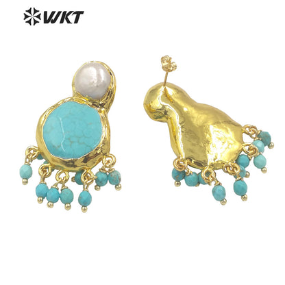 WT-MPE117 Elegant Vintage Women 18K Gold Plated Round Faceted Turquoise With Dangling Tiny Beads Pearl Earring Studs
