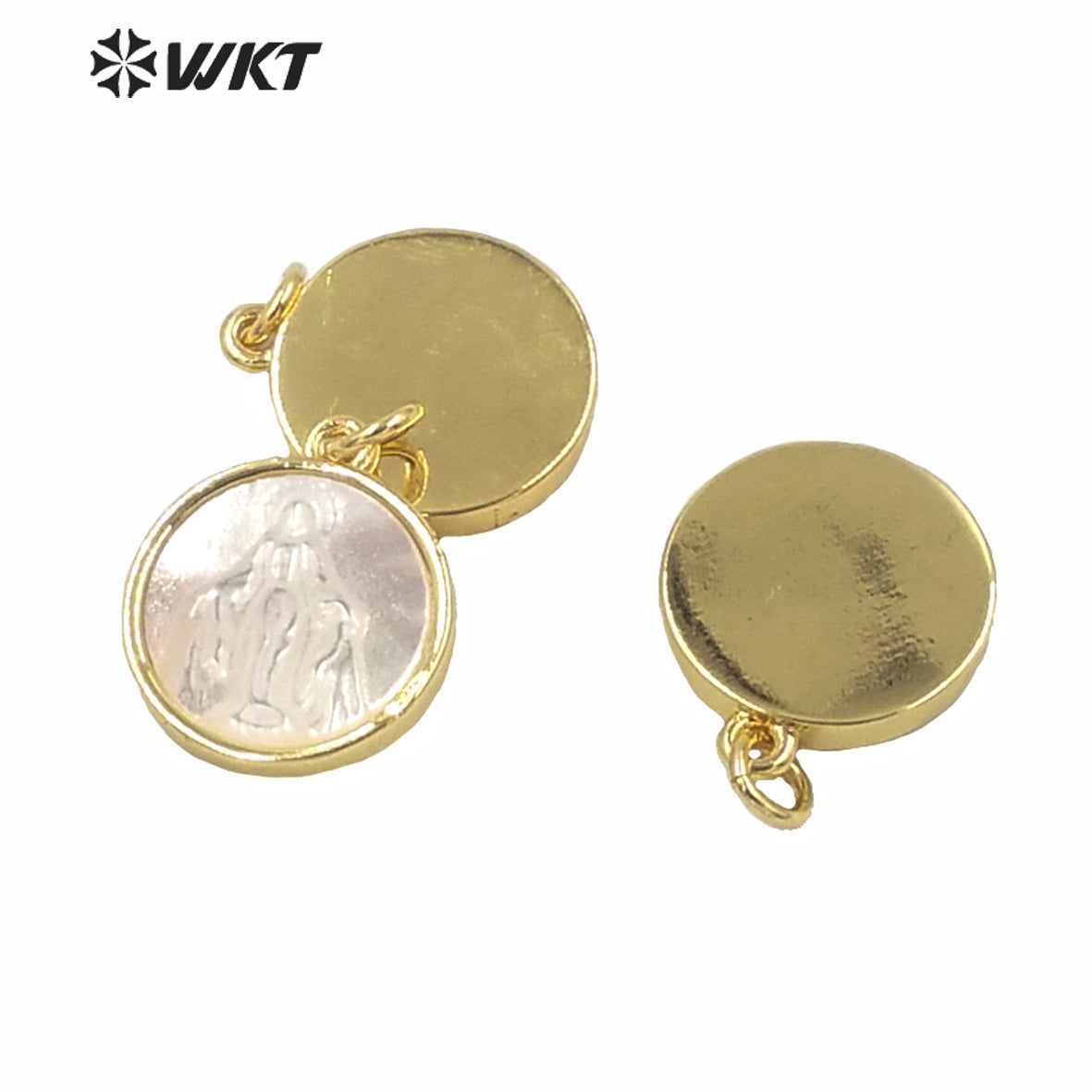 WT-MP173 Wholesale Religious Gold Bezel Mop Shell Charm Pendant Popular 14mm White Shell Christian Pendant Jesus Pendant