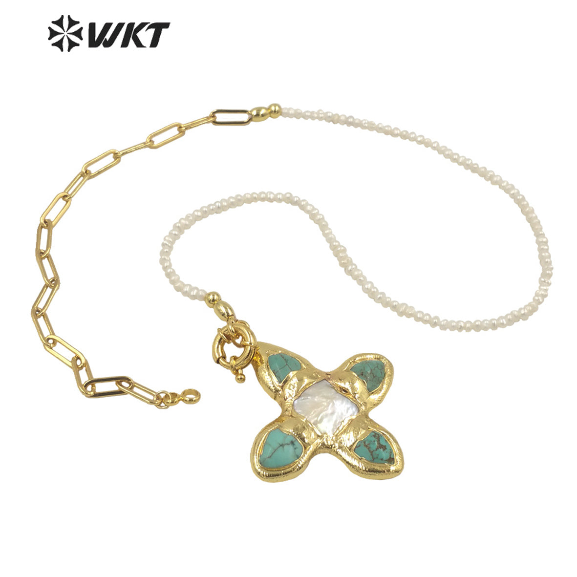 WT-JN150 WKT Newest Design Natural Turquoise and Pearl Mix Design Necklace 18k Real Gold Plated Elegant Office Lady Necklace