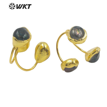 WT-MPR026 WKT 2022 Restoring Ancient Ways Natural Black Pearl Ring Style Natural MOP Ring Triple Ball Gold Plated Rings Women's