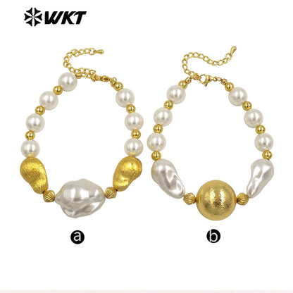 WT-MPB120 New Cute Style Large White Irregular Beads Gold Round Beads Artificial Pearl Bracelet for Girls As Daily Decoration