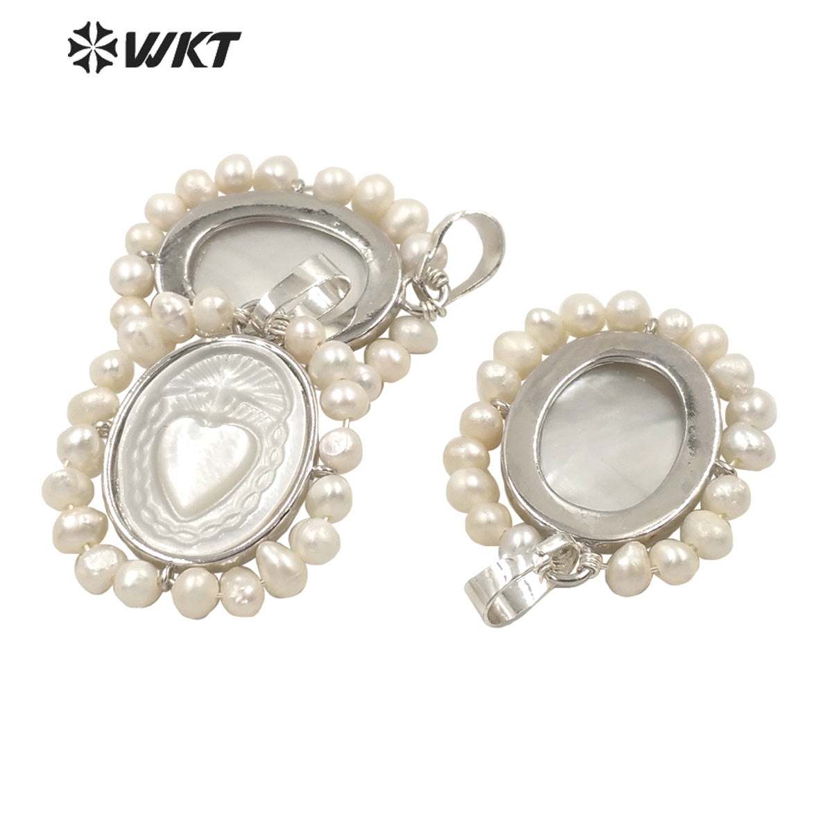 WT-JP254 Hot Handmade Carved White Shell Sacred Heart Pendant Women Wire Wrapped With Pearl Charm in Mary Heart Shell