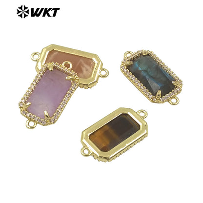 WT-C326 Wholesale Fashion Delicate Long Square Double Loops Cubic Zircon Claw Setting Natural Stone Bar Connectors