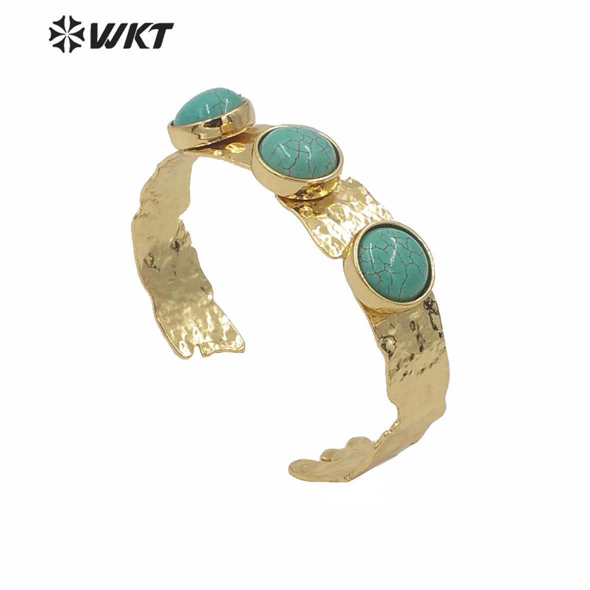 WT-B563 Wholesale WKT New Triple Stone Cuff Bangle Women Fashion Gold Electroplated Nontarnishable Lava Stone Turquoise Bangle