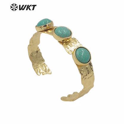 WT-B563 Wholesale WKT New Triple Stone Cuff Bangle Women Fashion Gold Electroplated Nontarnishable Lava Stone Turquoise Bangle