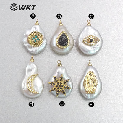 MP132 Wholesale Popular Moon Pendant Pearl with Cz Micro Pave Lady Fashion Irregular Shape Jewelry Freshwater Pearl Pendant
