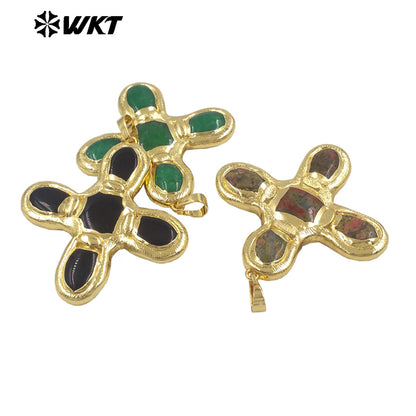 WT-P2034 Good Quality Trendy Style 18K Gold Plated Five Natural Stones Cross Pendants For Women Fashion Necklace DIY Findings