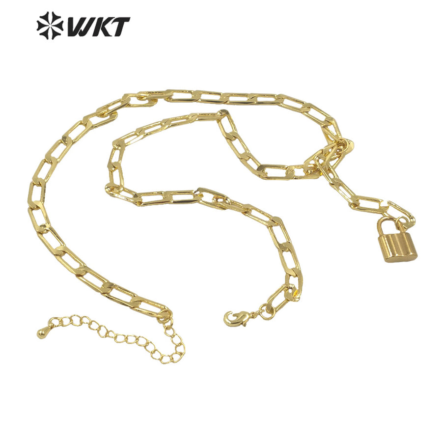 WT-N1307 Wholesale New Fashion 18k Real Gold Plated Faceted Curb Chain Y Shape Necklace Women Lock Choker Necklace