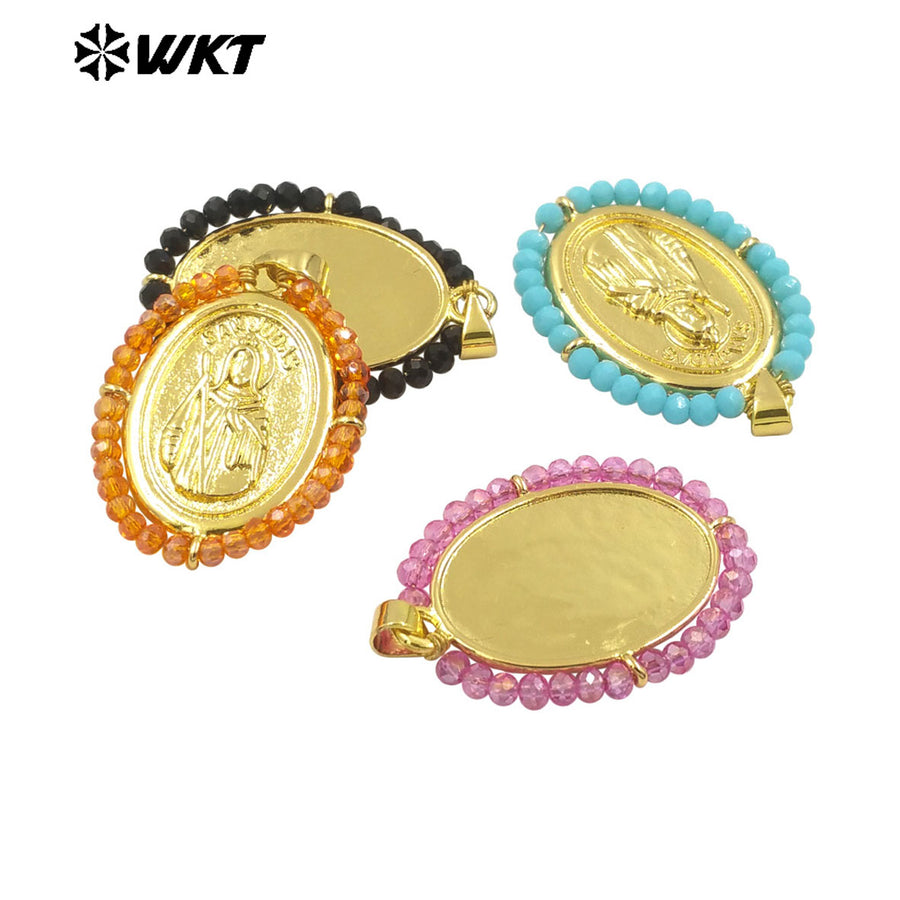 WT-MN989 Women Handmade Crystal Wire Wrapped Oval Shape 18K Gold Plated Miraculous Medal Necklace for Spring