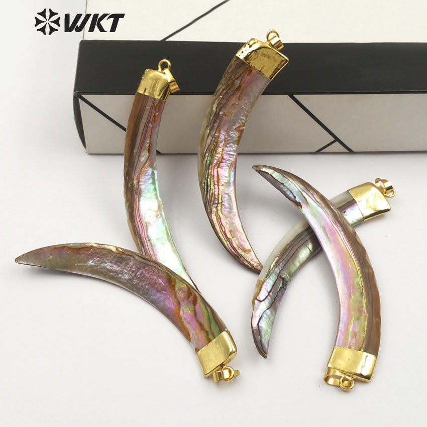 WT-JP063 Big Knife Shape Abalone Shell With Gold Capped Long Moon Women Stylish Necklace Pendant Natural Sea Shell Horn Pendant