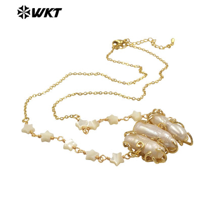 WT-JN302 Wholesale Popular Exquisite 18K Gold Plated Star Beads Inlaid Oval Large Pearl Necklace for Girl As Anniversary Gift