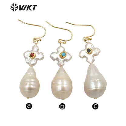 WT-MPE056 Elegant Gorgeous Natural Freshwater Baroque Pearl Drop Earrings Fashion Office Style White Real Pearl Teardrop Earring