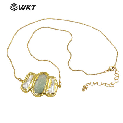 WT-JN136 Wholesale New Triple Stone Statement Necklace 18 Inch Long Gold Pearl and Stone Mix Birthday Gift Women Necklace