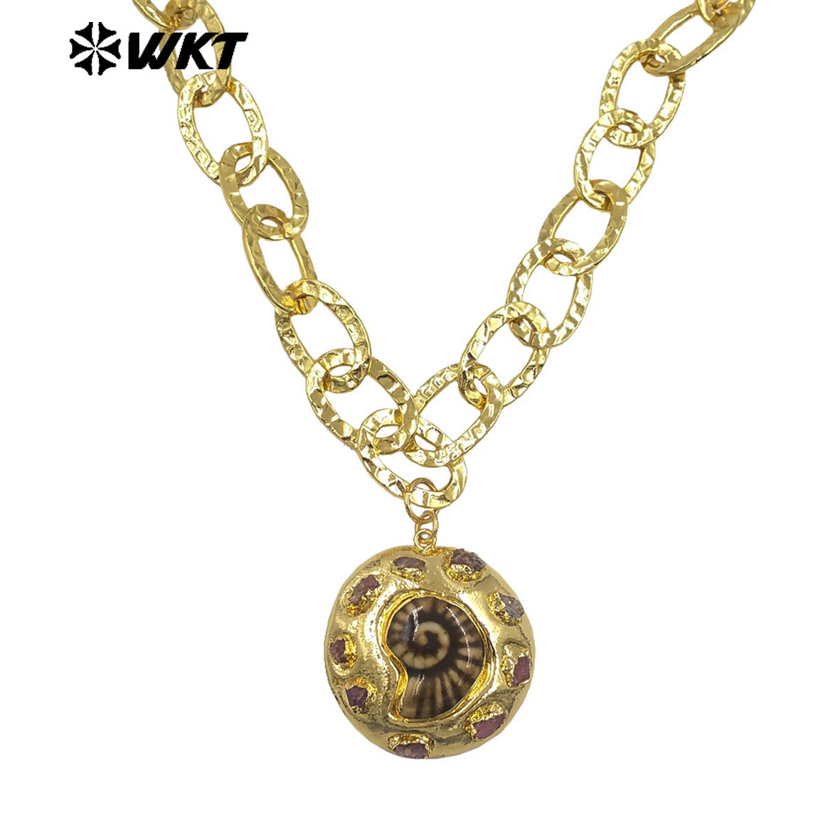 WT-JN373 Newest Simple Gold Plated Yellow Brass Thick Chain With Tourmaline And Ceramic Shell Shape Pendant Women Necklace
