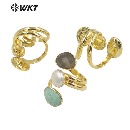 WT-R407 Niche Design Multiple Gemstone Pearl Rings Adjustable Rings Delicate Charming 18k Gold Plated Gifts Natural Stone Rings
