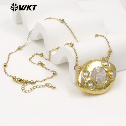 WT-JN391 High Quality Thin Bead Chain With Gold Electroplated Religious Patterns MOP Charms Necklaces For Lady Fashion Jewelry