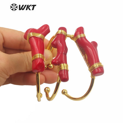 WT-B568 Newest Women Hand Make Wire Wrapped Red Coral Gold Bangle Women Open Size Adjustable Boho Red Coral Bangle