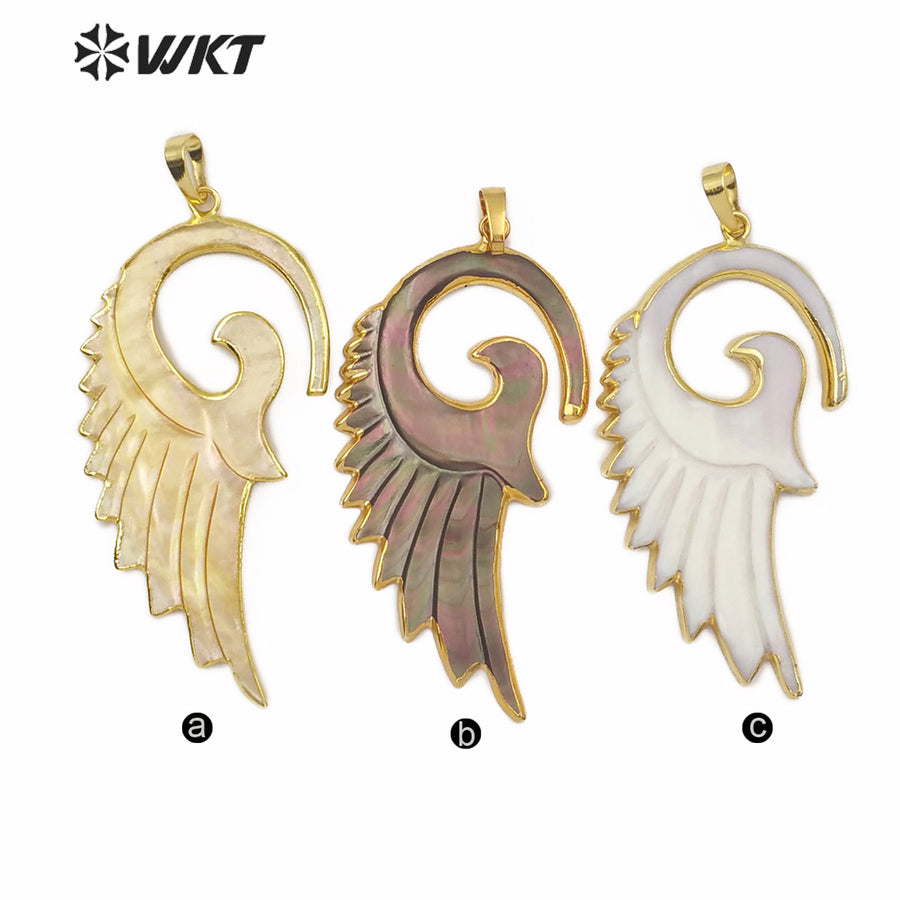 WT-P905 WKT New Style! Genuine Natural Sea Shell Feather Pendant, 18k Gold Dipped Shell Feather Pendant