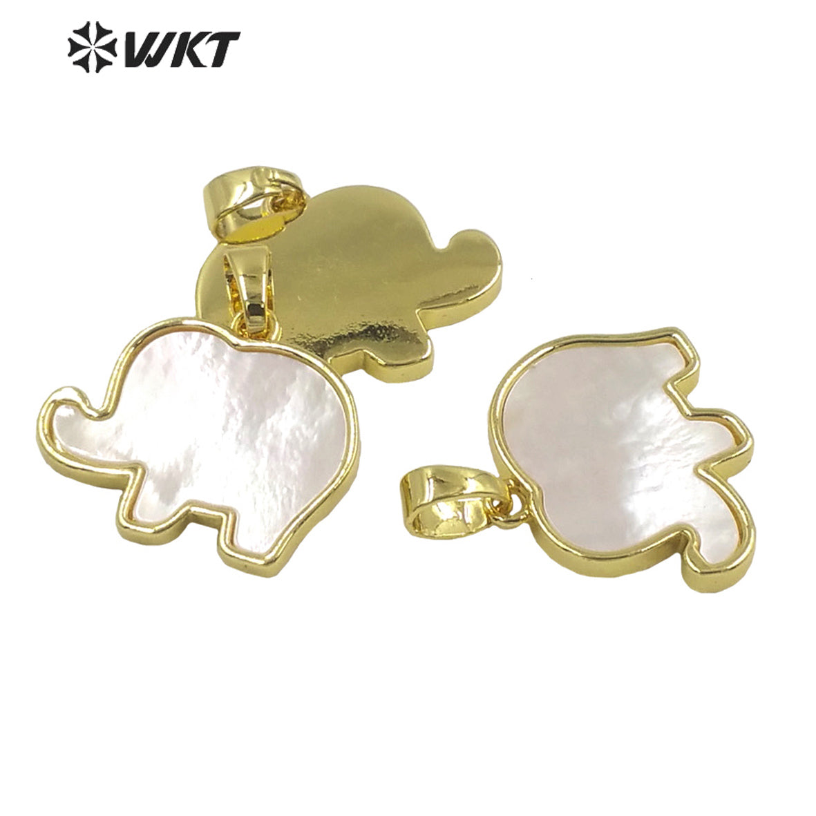 WT-JP323 Wholesale Fashion Lovely Mother of Pearl Shell Carved Small Elephant Pendants Gold Bezel Lovely Animal Pendants
