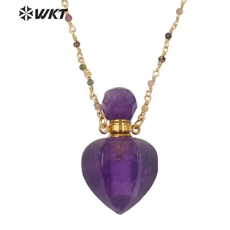 WT-N1277 Amazing Natural Hot Women Stone Drop Shape Perfume Bottle Necklace Gold Electroplated Crystal Essential Oil Necklace