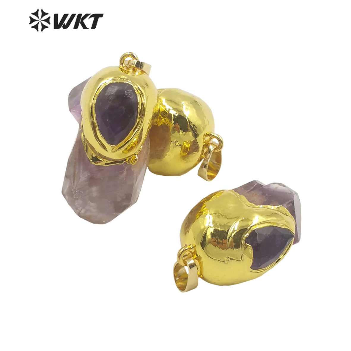 WT-P1949 Wholesale Fashion Handmade Carved Natural Amethyst Pendant for Lady Necklace Design in 18K Real Gold Plated Pendant